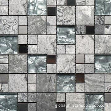 Crystal and Stone Glass Mosaic Tile, Glass Mix Natural Marble Stone, 300 x 300mm